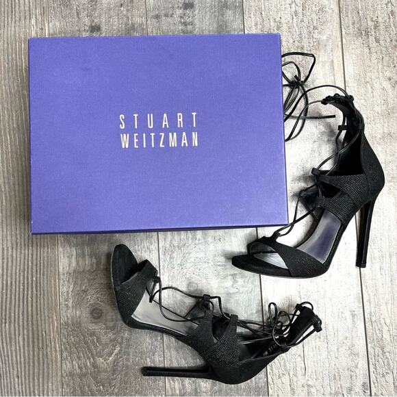 STUART WEITZMAN Legwrap Black Goose Bump Stiletto Sandal Heels with Box 8.5 - Picture 1 of 15